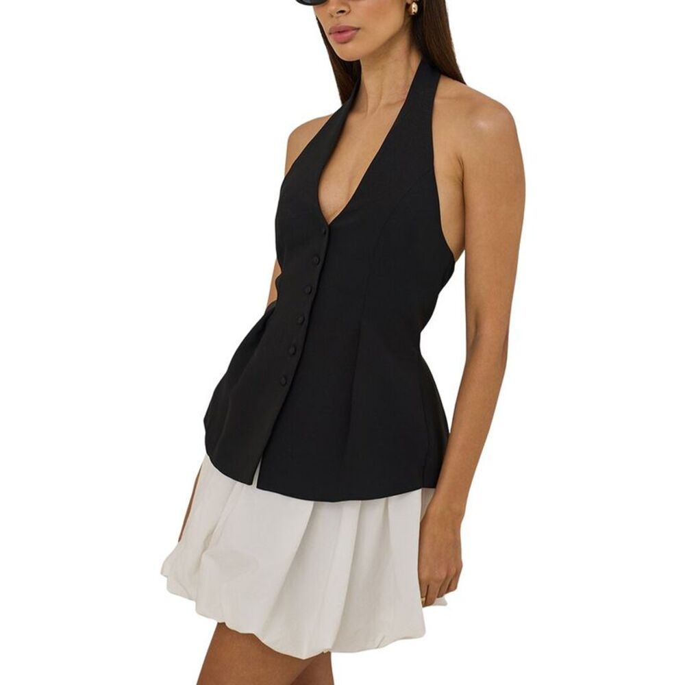 Extro&Vert Womens  Bubble Hem Halter Mini Dress, Black